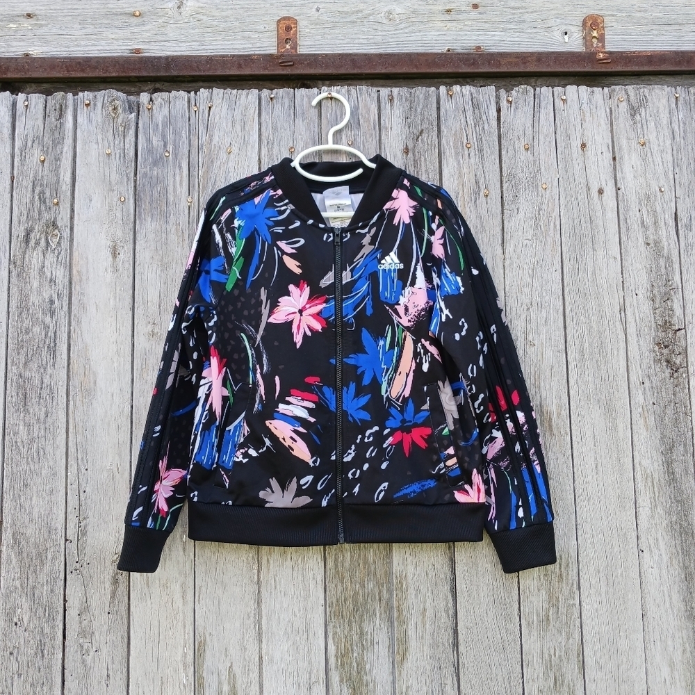 Adidas Girls Allover Floral Tricot Full Zip Track Jacket, Size Medium 10/12